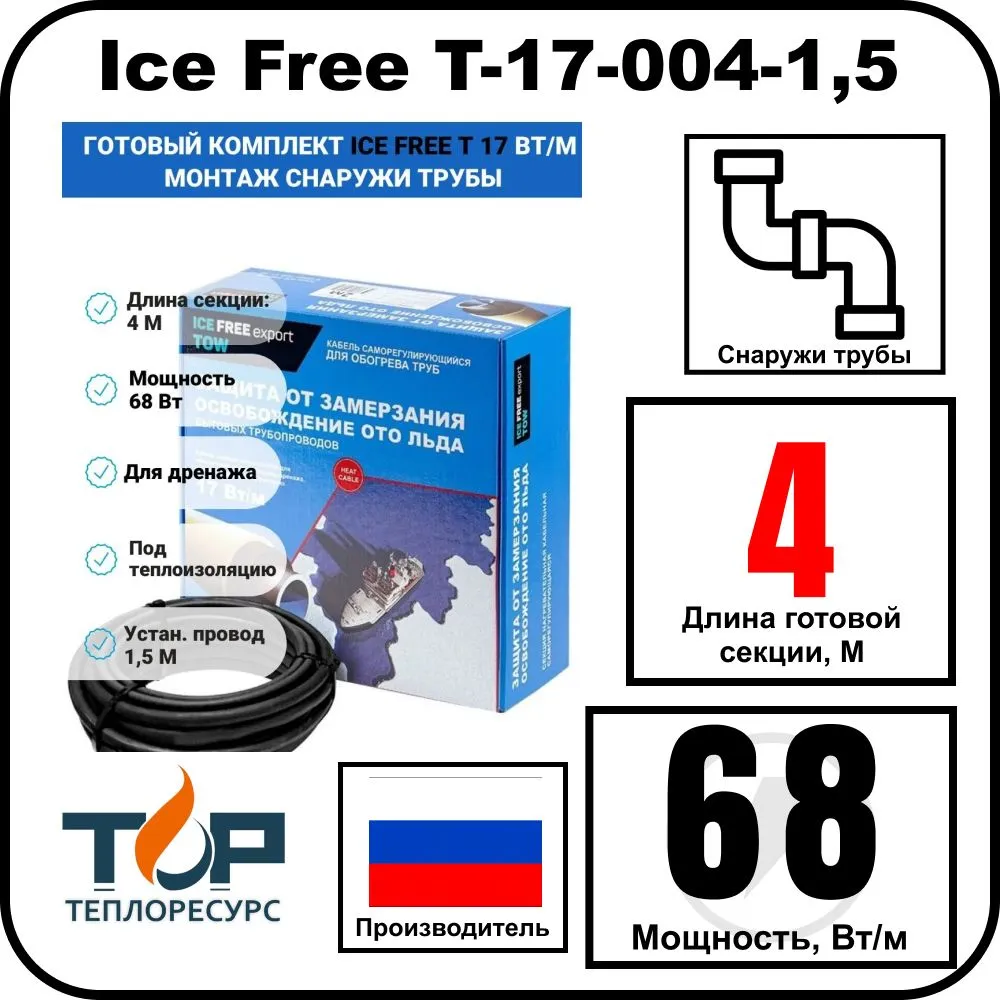 Комплект Ice Free T-17-004-1,5 греющего кабеля для водопровода на трубу