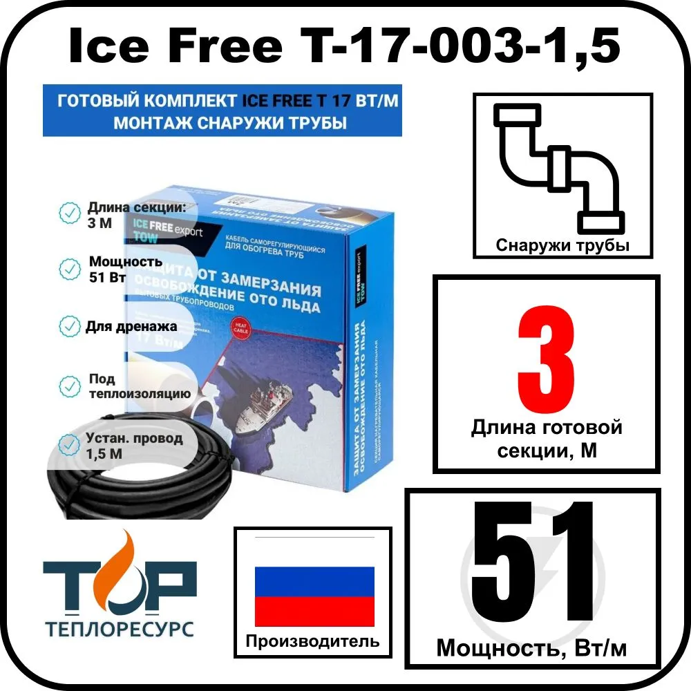 Комплект Ice Free T-17-003-1,5 греющего кабеля для водопровода на трубу