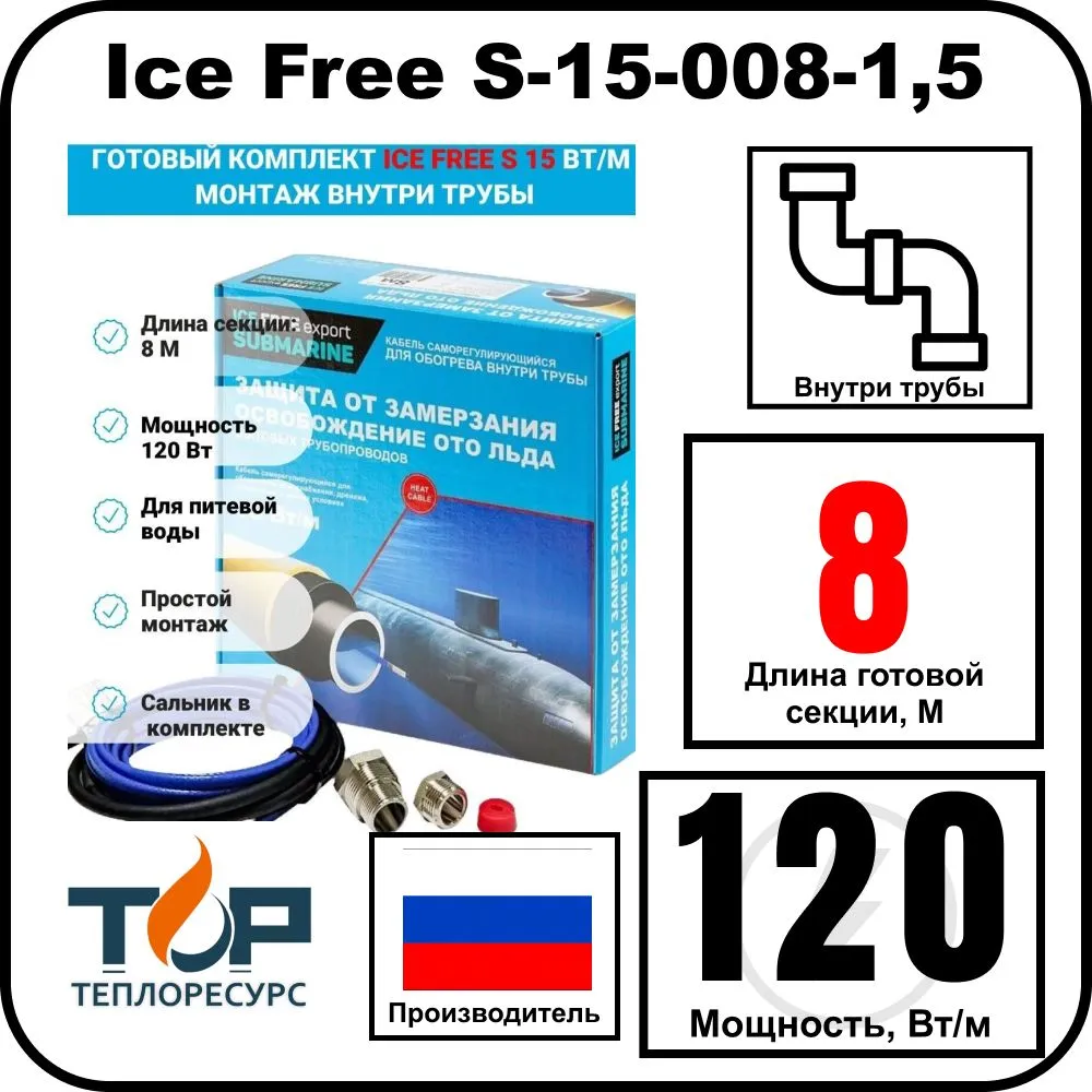 Комплект Ice Free S-15-008-1,5 греющего кабеля для водопровода внутри трубы